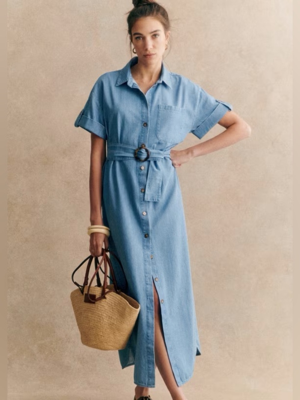 Sezane Dora 8 Light Blue Denim Maxi Shirtdress Belted French Girl Minimalist NWT